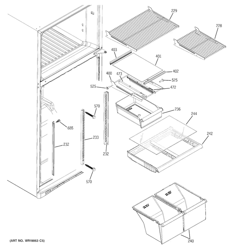 Fresh Food Shelves Diagram and Parts List for GIE18ETHDRWW  General Electric Refrigerator