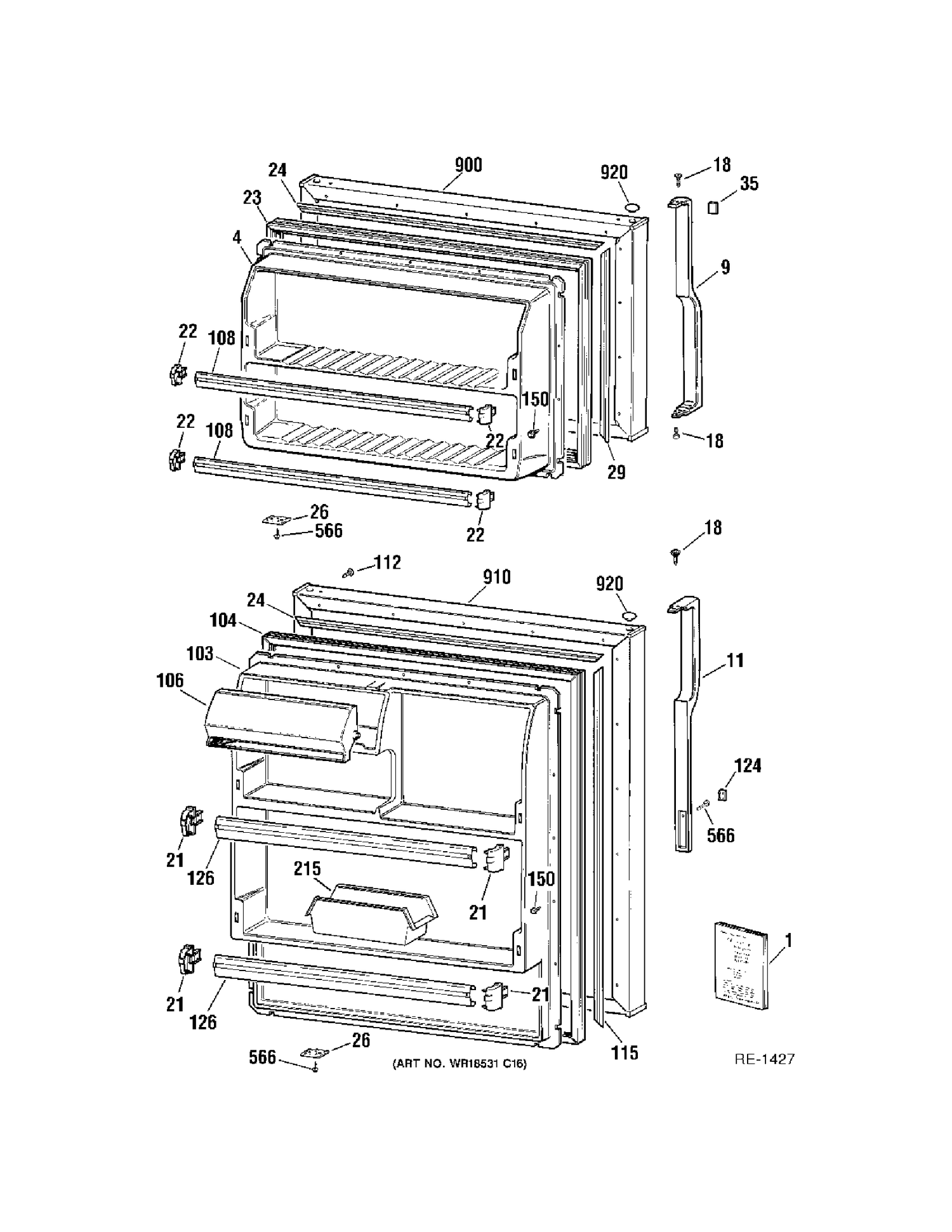 DOORS Diagram and Parts List for MTS18BBMDRWW  General Electric Refrigerator