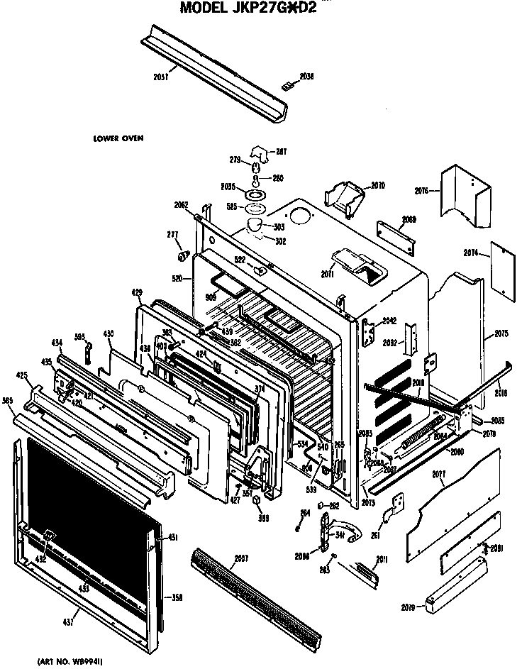 Lower Oven Diagram and Parts List for JKP27G*D2  General Electric Wall Oven
