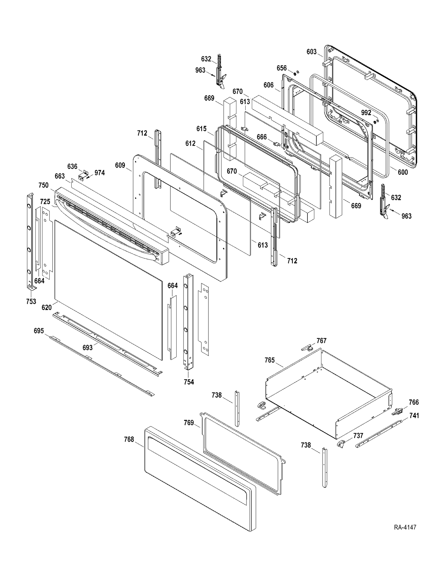DOOR-DRAWER Diagram and Parts List for JCBP630DT1WW  General Electric Range