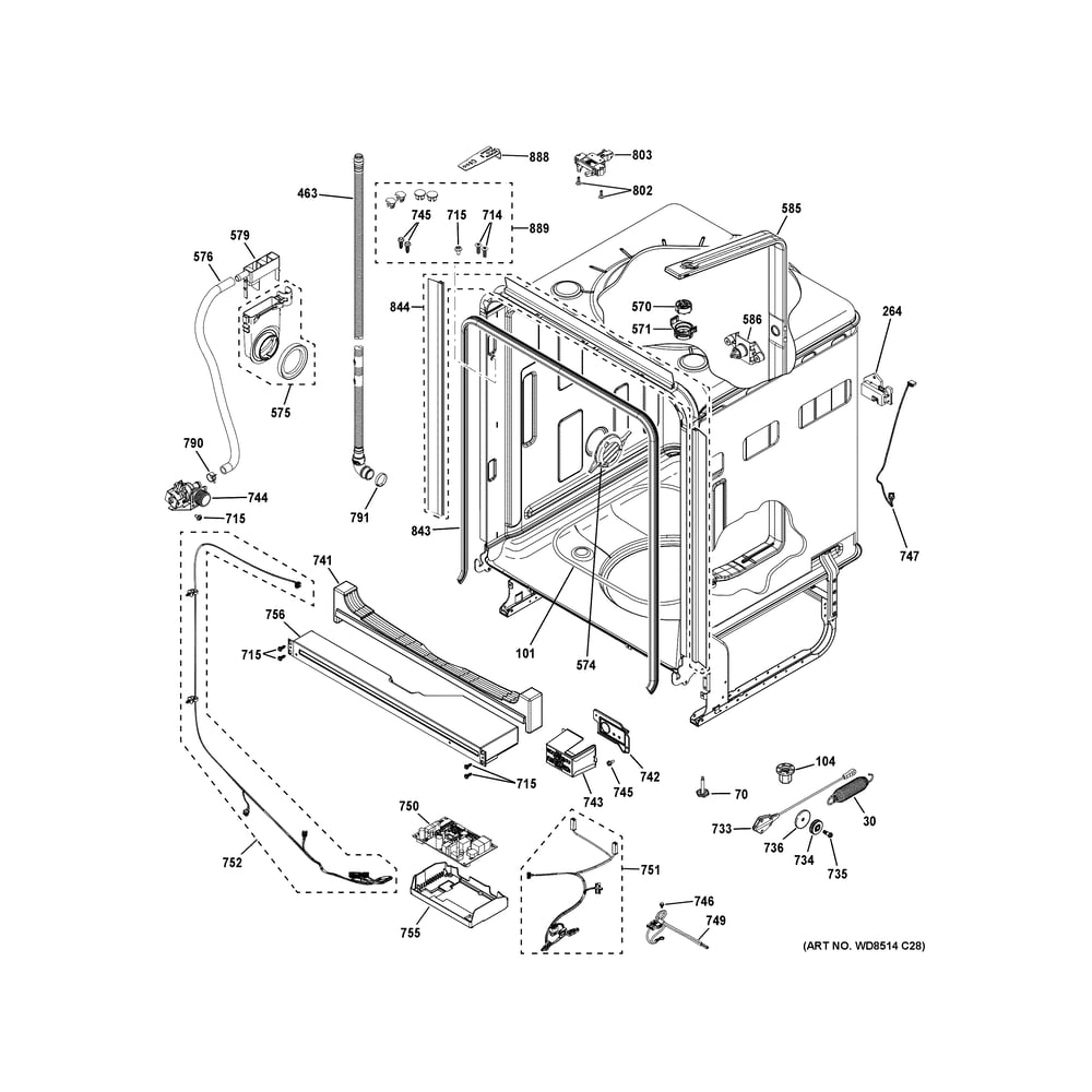 Body Parts (1) Diagram and Parts List for PDT705SYW3FS  General Electric Dishwasher