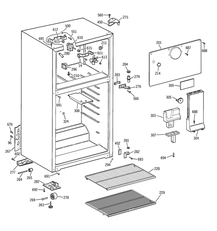 Cabinet Diagram and Parts List for GTR18ABMBRWW  General Electric Refrigerator