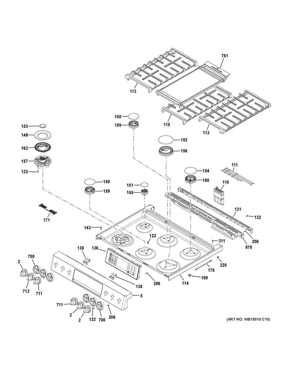Control Panel & Cooktop Diagram and Parts List for C2S995SEL2SS  General Electric Range