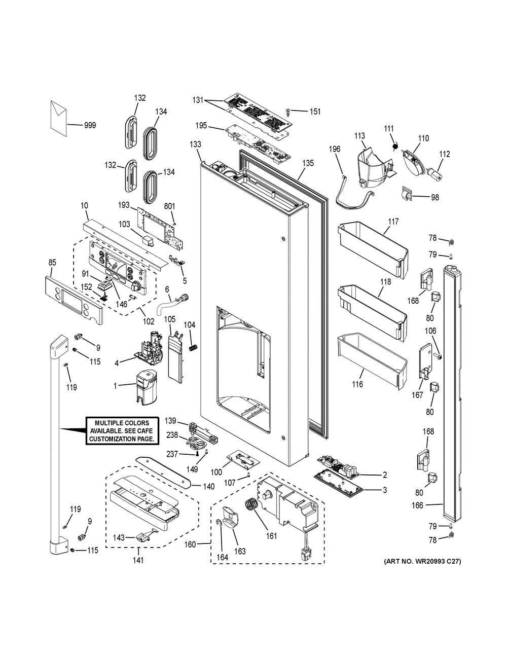 Dispenser Door Diagram and Parts List for CYE22UP2MBS1  General Electric Refrigerator