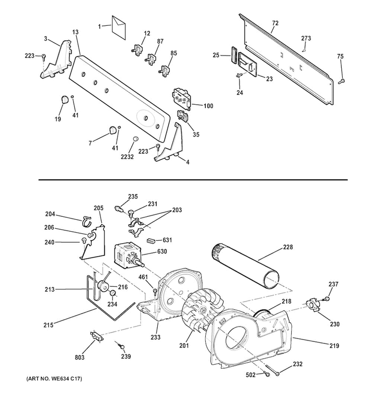 Backsplash, Blower & Motor Assembly Diagram and Parts List for GHDP490EF5WW  General Electric Dryer