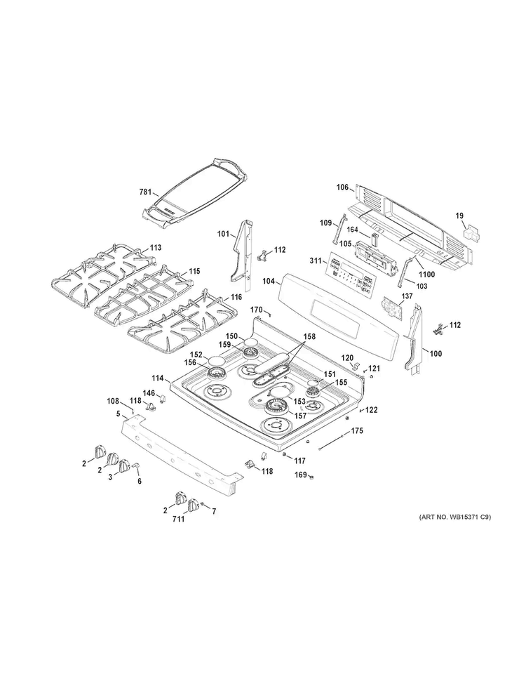 Control Panel & Cooktop Diagram and Parts List for JGB850SEF3SS  General Electric Range
