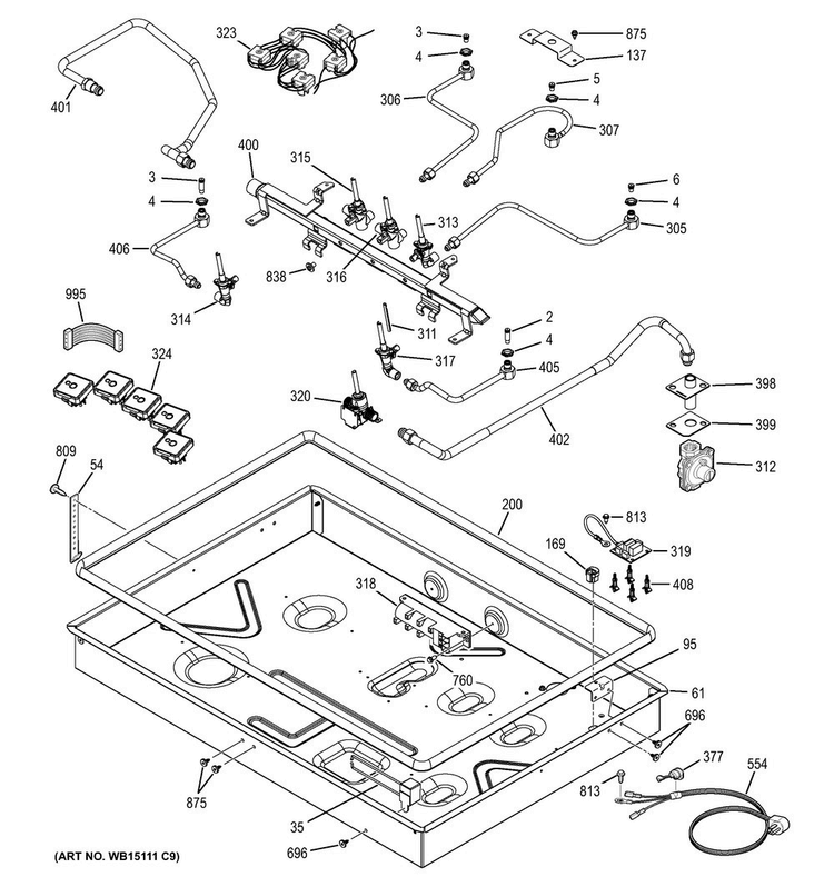 Gas & Burner Parts Diagram and Parts List for PGP976DET5WW  General Electric Cooktop