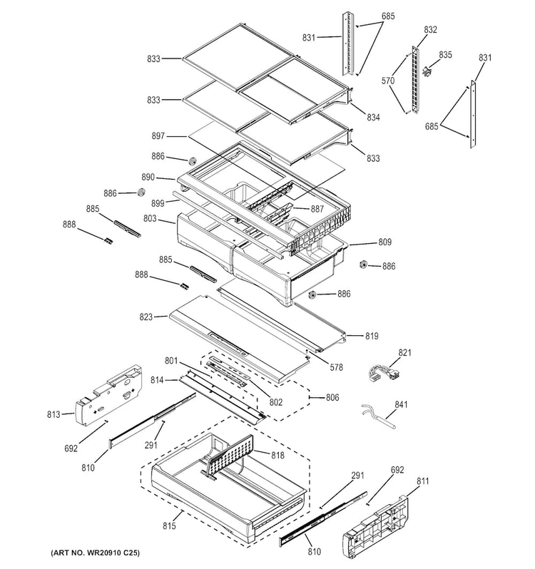 Fresh Food Shelves Diagram and Parts List for GFE28HMHBES  General Electric Refrigerator