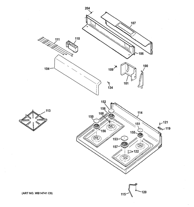 Control Panel & Cooktop Diagram and Parts List for RGB526DEH1BB  Hotpoint Range