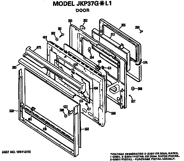 Door Diagram and Parts List for JKP37G*L1WG  General Electric Wall Oven