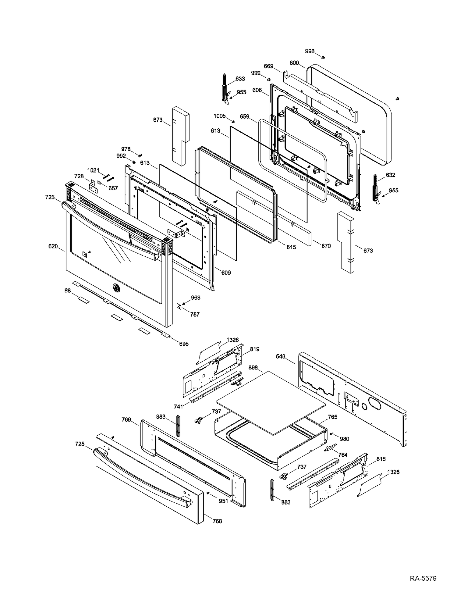 DOOR & DRAWER Diagram and Parts List for JCS630DF1BB  General Electric Range