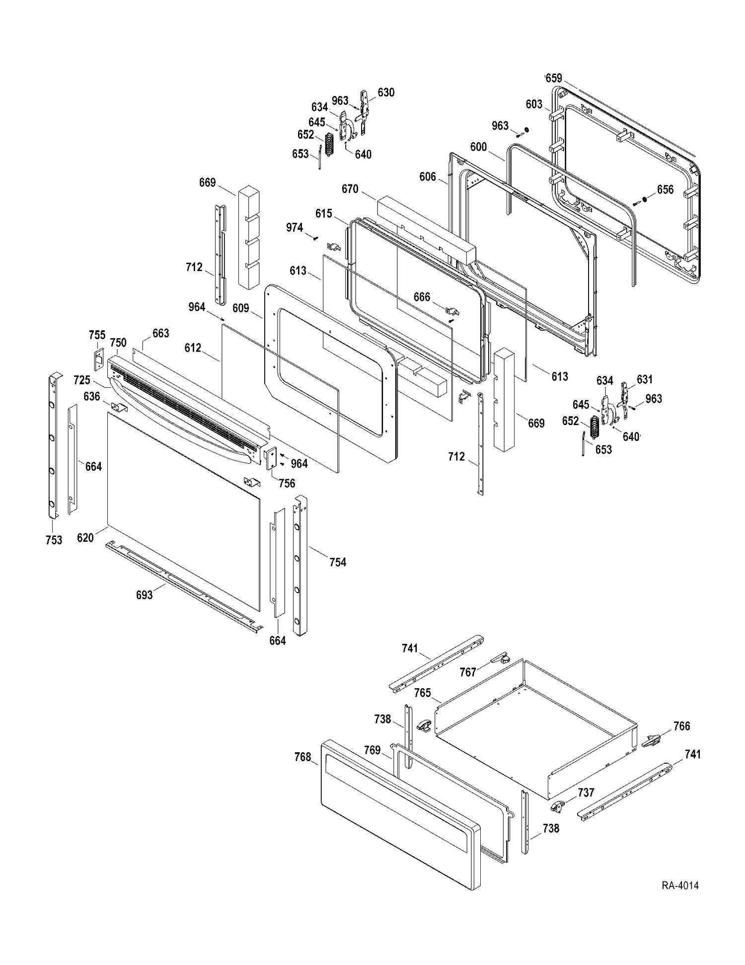 DOOR-DRAWER Diagram and Parts List for JCBP66DP3BB  General Electric Range