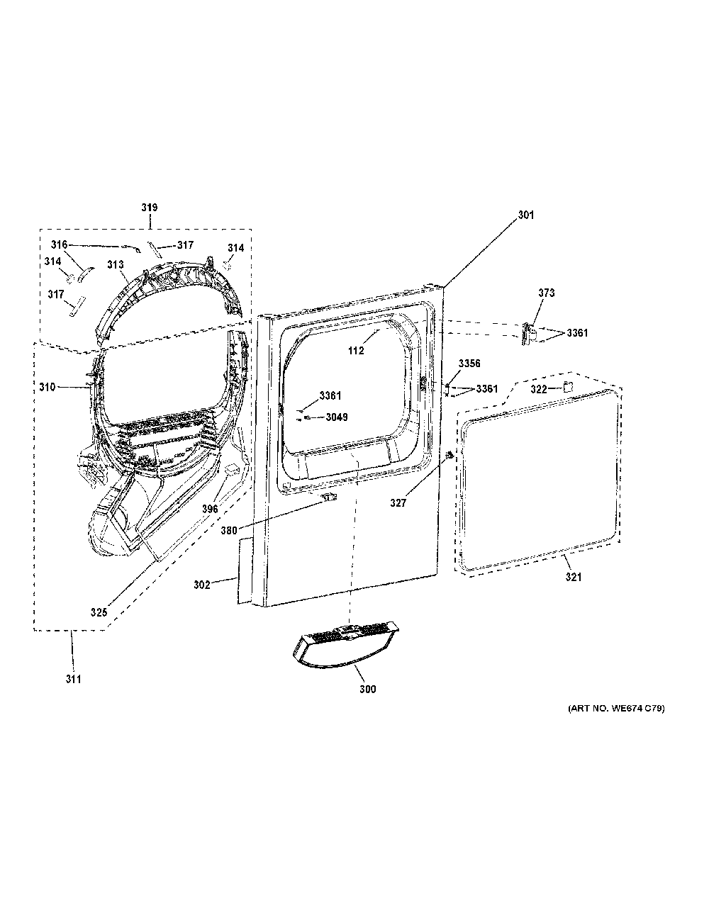 Front Panel And Door Diagram and Parts List for VTD52EASR0WB  General Electric Dryer