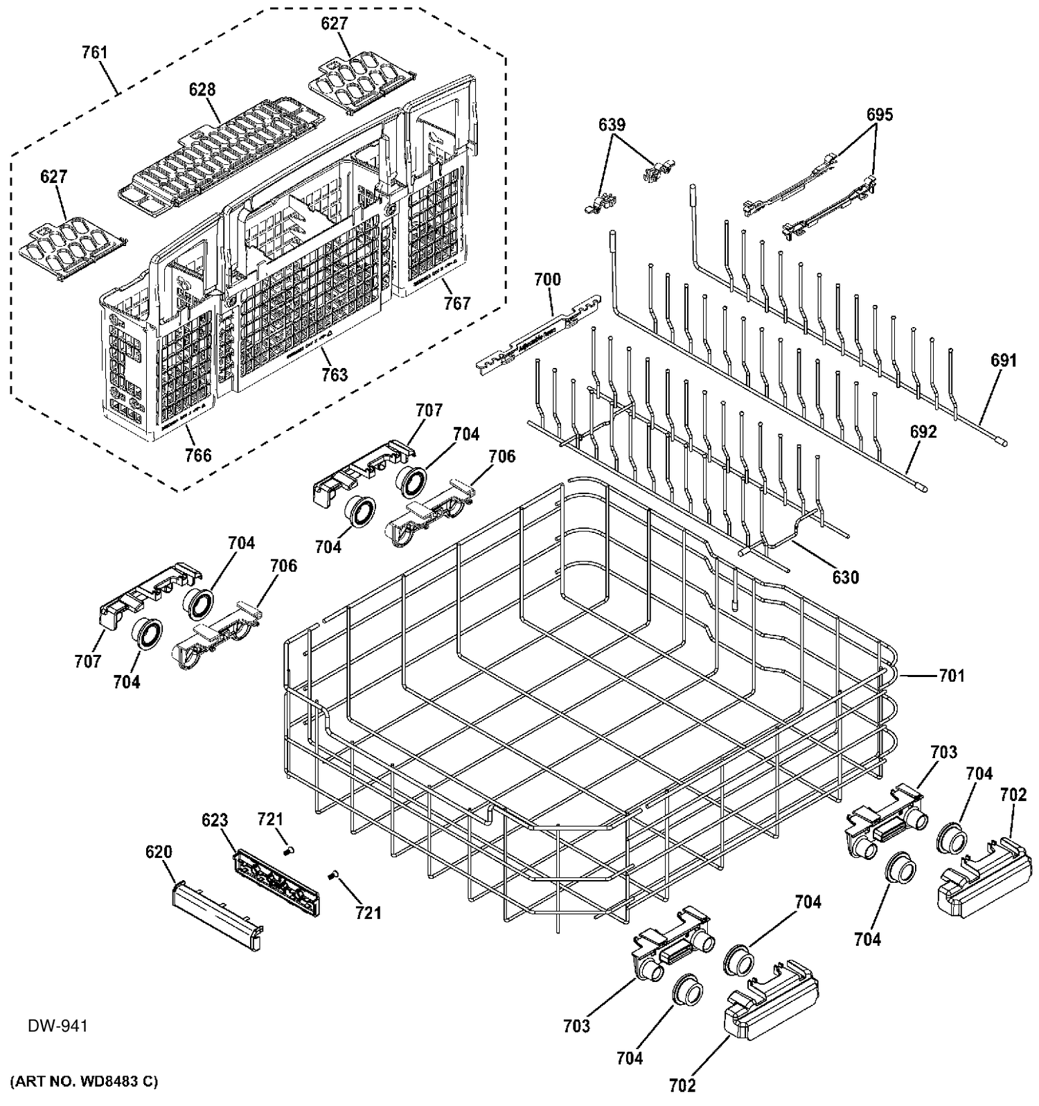 LOWER RACK ASM Diagram and Parts List for ZDT870SIF1II  General Electric Dishwasher