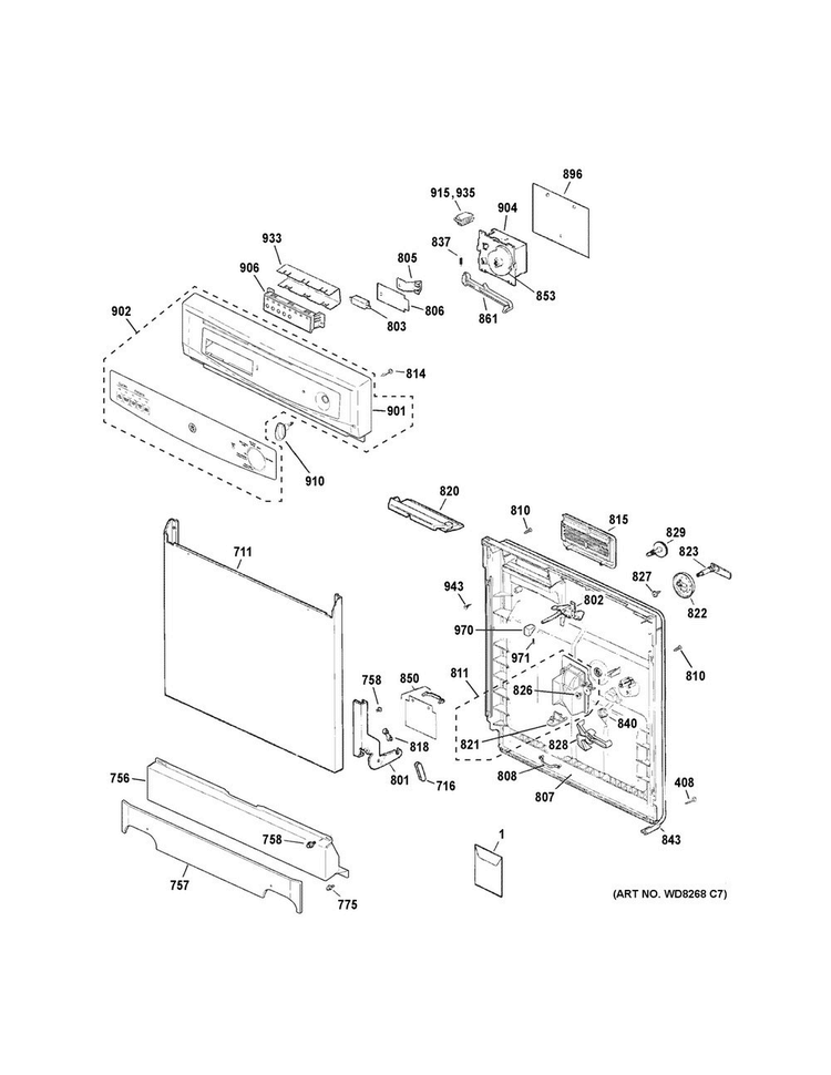 Escutcheon & Door Assembly Diagram and Parts List for GSC3500D45WW  General Electric Dishwasher