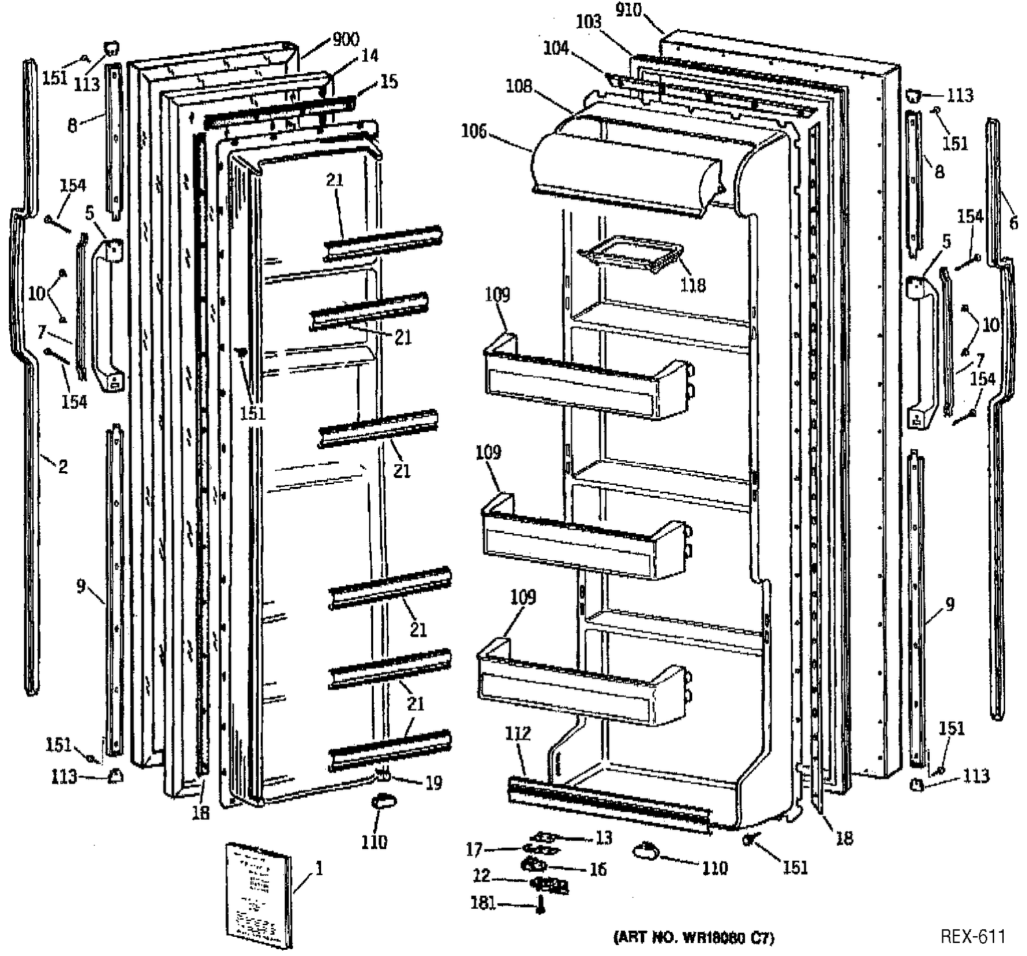 DOOR ASSEMBLY Diagram and Parts List for 39541  General Electric Refrigerator