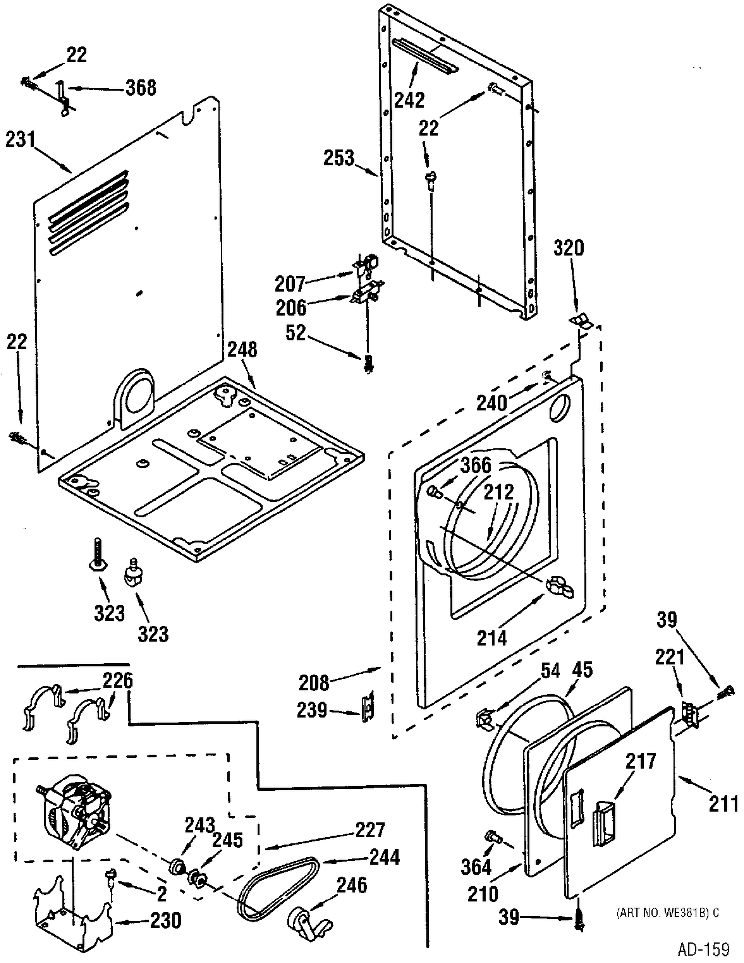CABINET/DRUM Diagram and Parts List for DSKP233ET0WB  General Electric Dryer