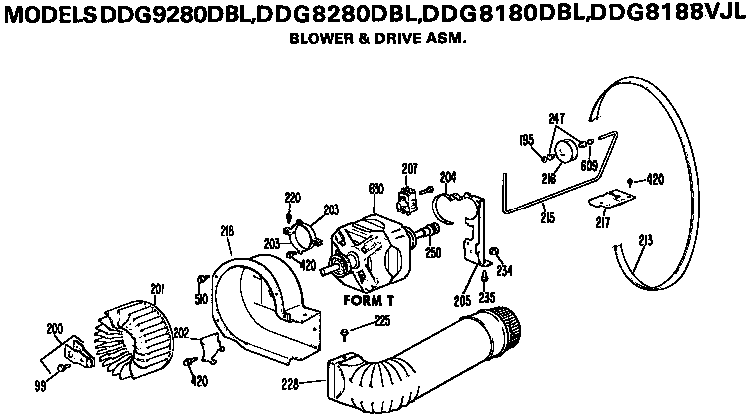 Blower And Drive Assembly Diagram and Parts List for DDG8180DBL  General Electric Dryer