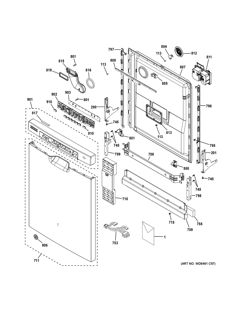 Escutcheon & Door Assembly Diagram and Parts List for GDF640HSM0SS  General Electric Dishwasher