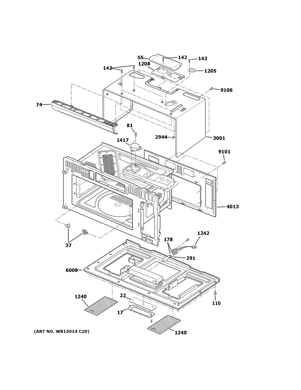 Oven Cavity Parts Diagram and Parts List for PSA9240SF6SS  General Electric Microwave Oven Combo