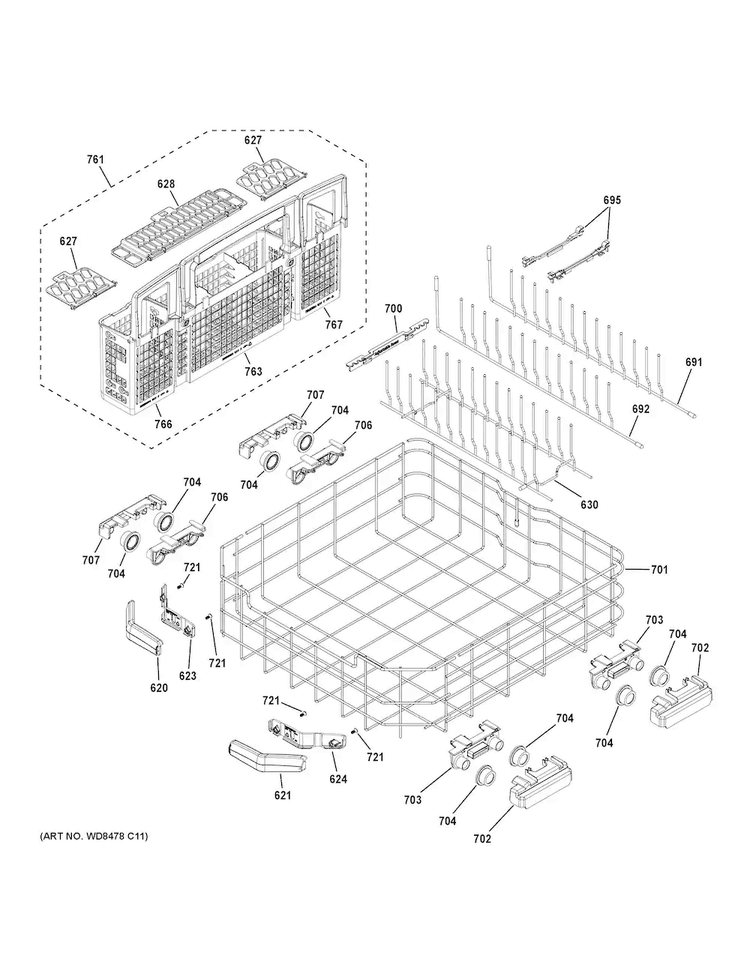 Lower Rack Assembly Diagram and Parts List for GDT680SSH2SS  General Electric Dishwasher