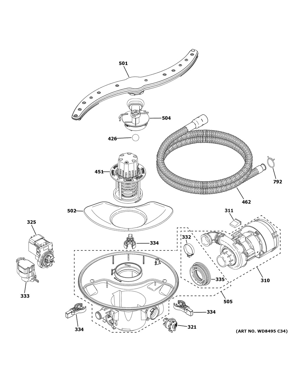 Motor, Sump And Filter Assembly Diagram and Parts List for XDF400PGN5WW  General Electric Dishwasher