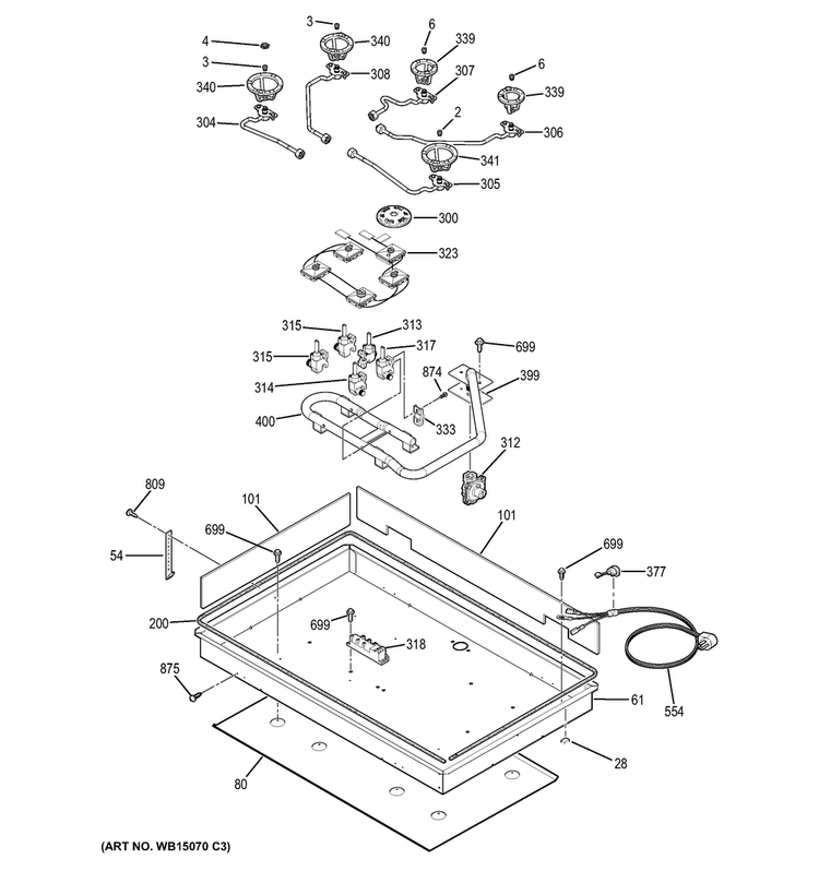 Gas & Burner Parts Diagram and Parts List for JGP633DET2BB  General Electric Cooktop