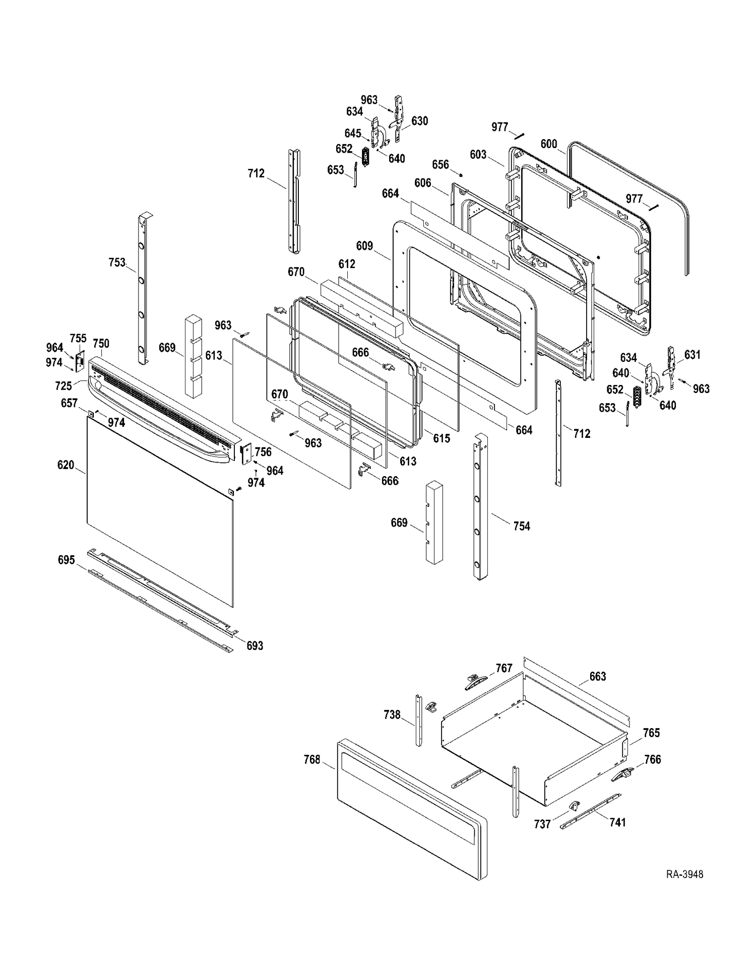 DOOR-DRAWER Diagram and Parts List for JCBP27DM2WW  General Electric Range