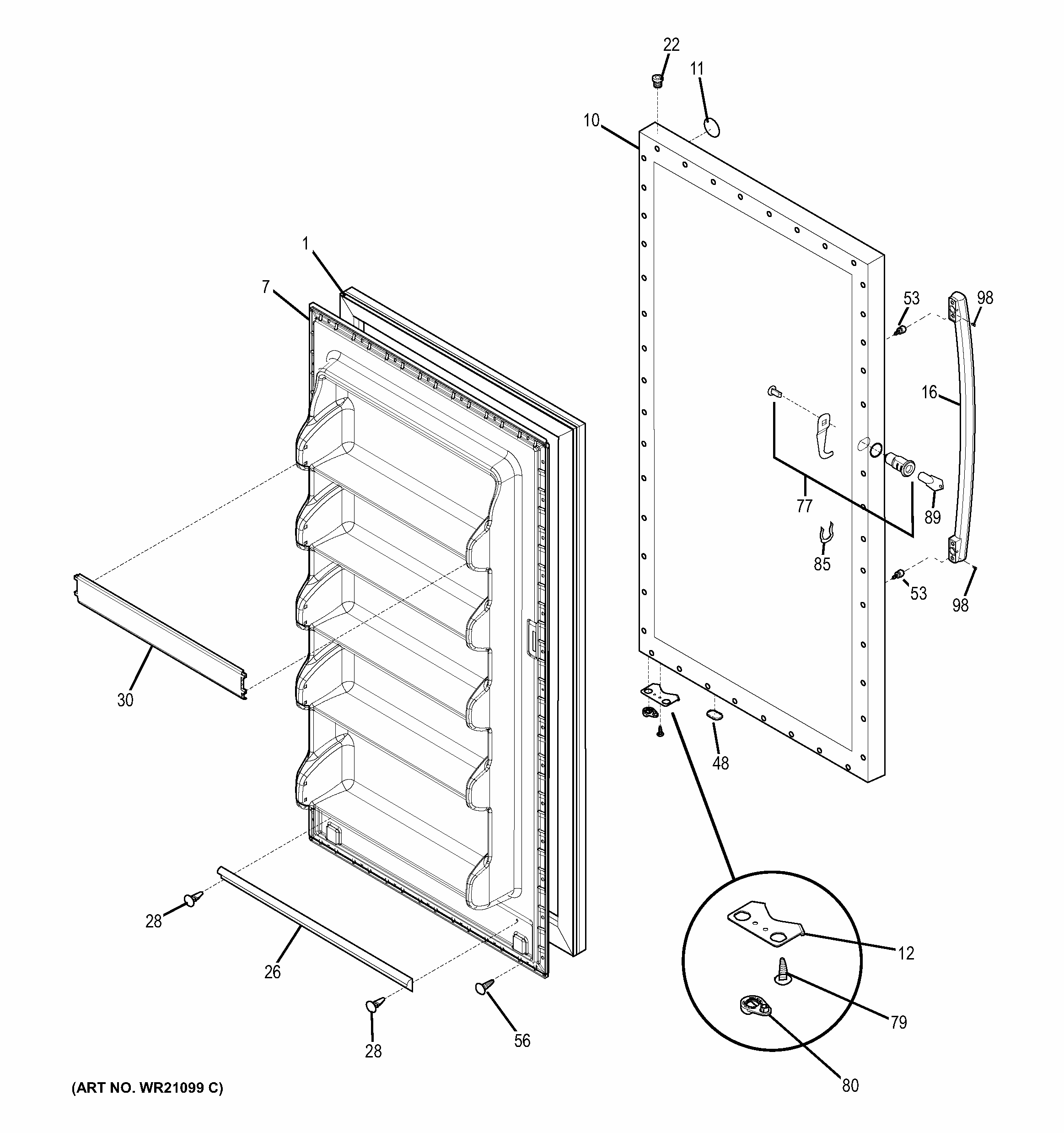 Door Diagram and Parts List for FUF14DHRBWW  General Electric Freezer