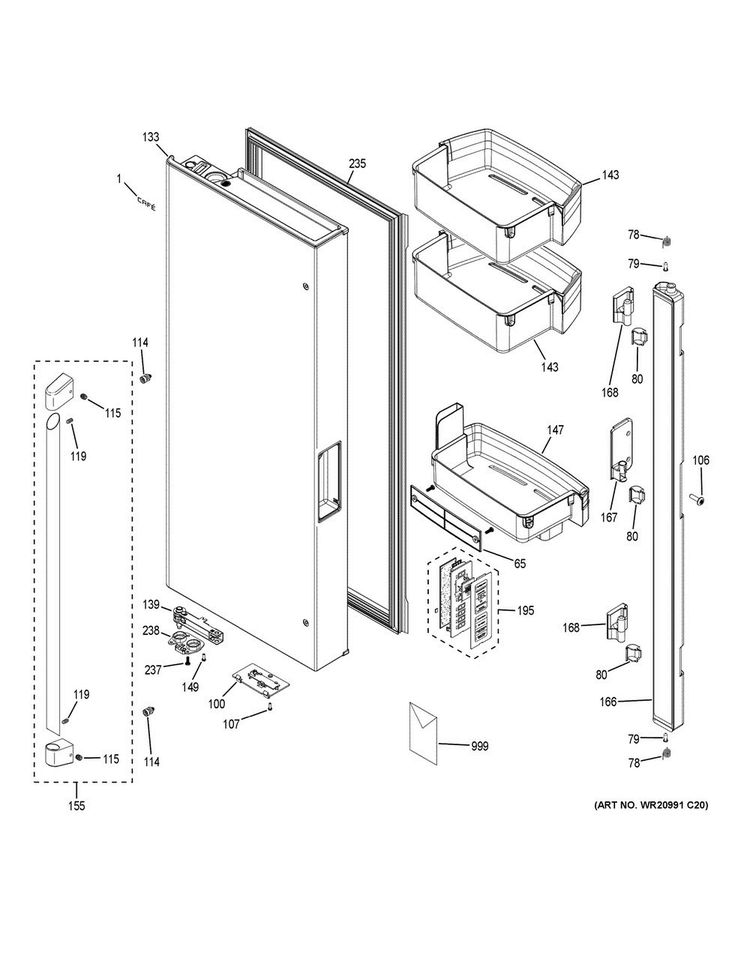 Fresh Food Door - Lh Diagram and Parts List for CWE23SSHNSS  General Electric Refrigerator