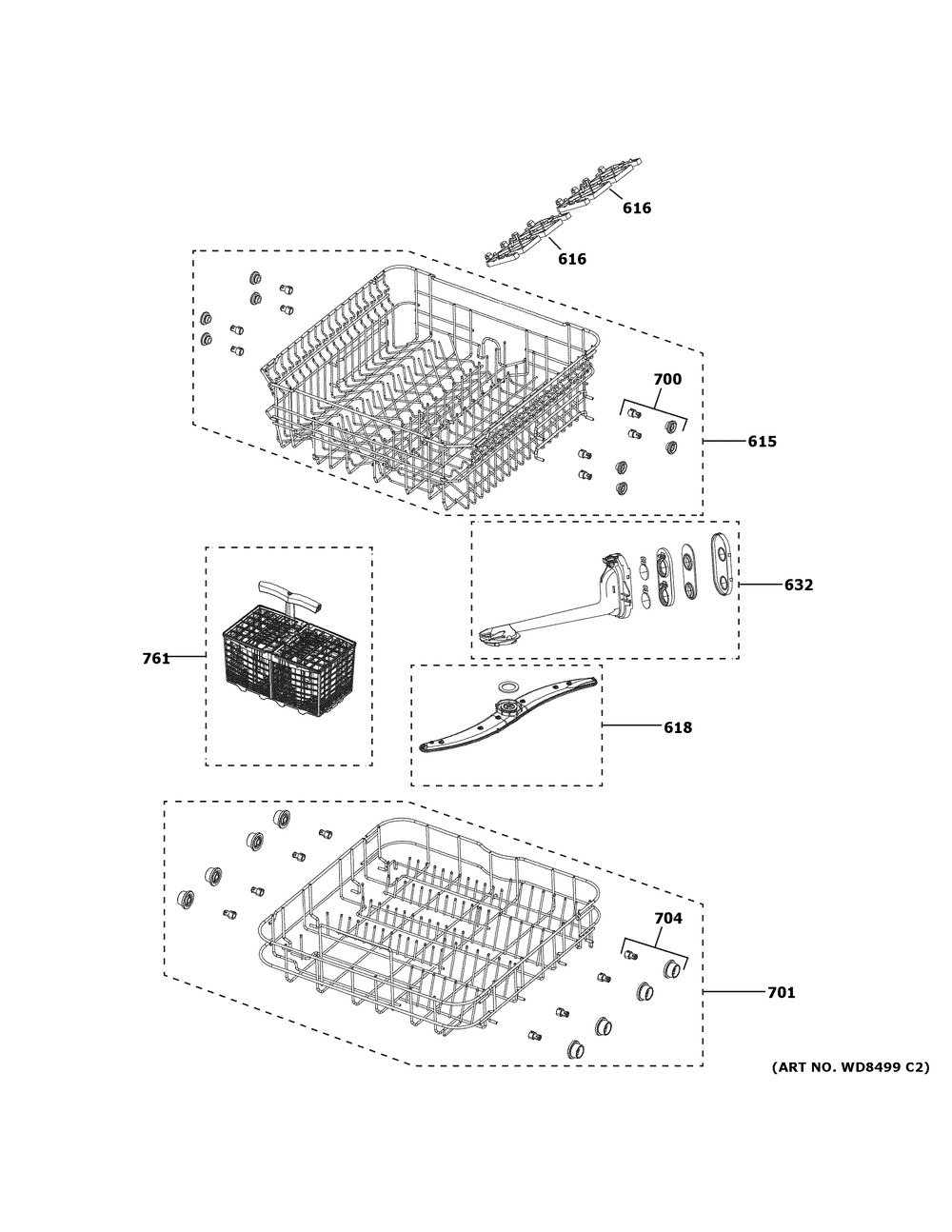 Rack Assemblies Diagram and Parts List for GPT225SGL0BB  General Electric Dishwasher