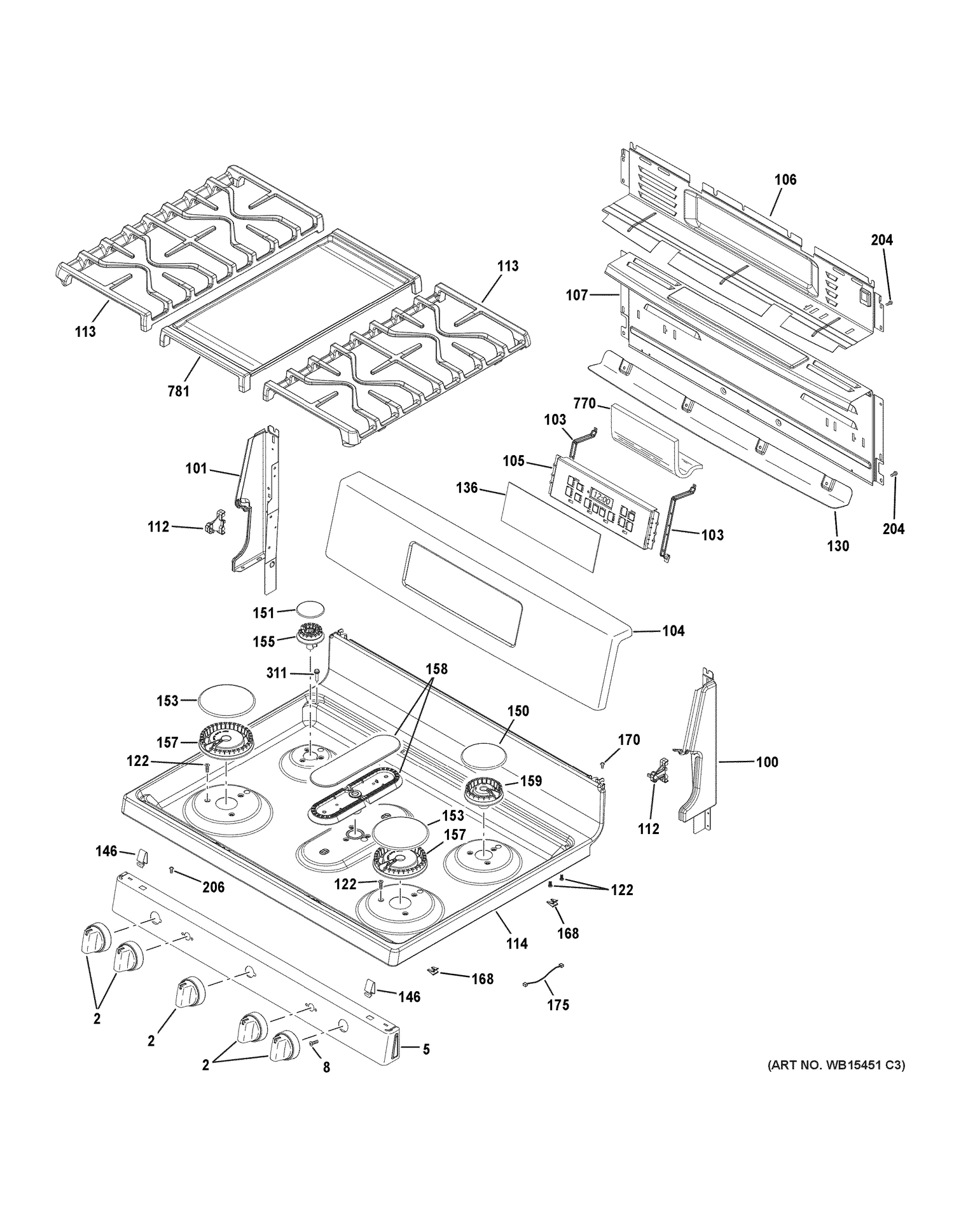 CONTROL PANEL & COOKTOP Diagram and Parts List for JGB720FEJ1DS  General Electric Range