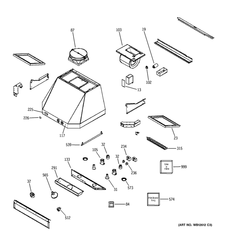 Range Hood Diagram and Parts List for ZV36TSF3SS  General Electric Range Hood