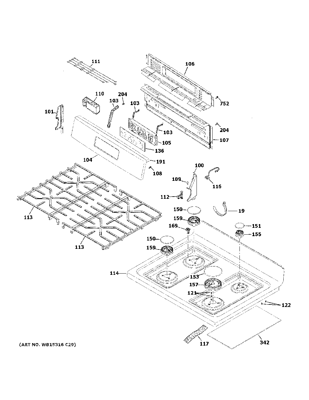 Control Panel And Cooktop Diagram and Parts List for JGBS61RP3SS  General Electric Range