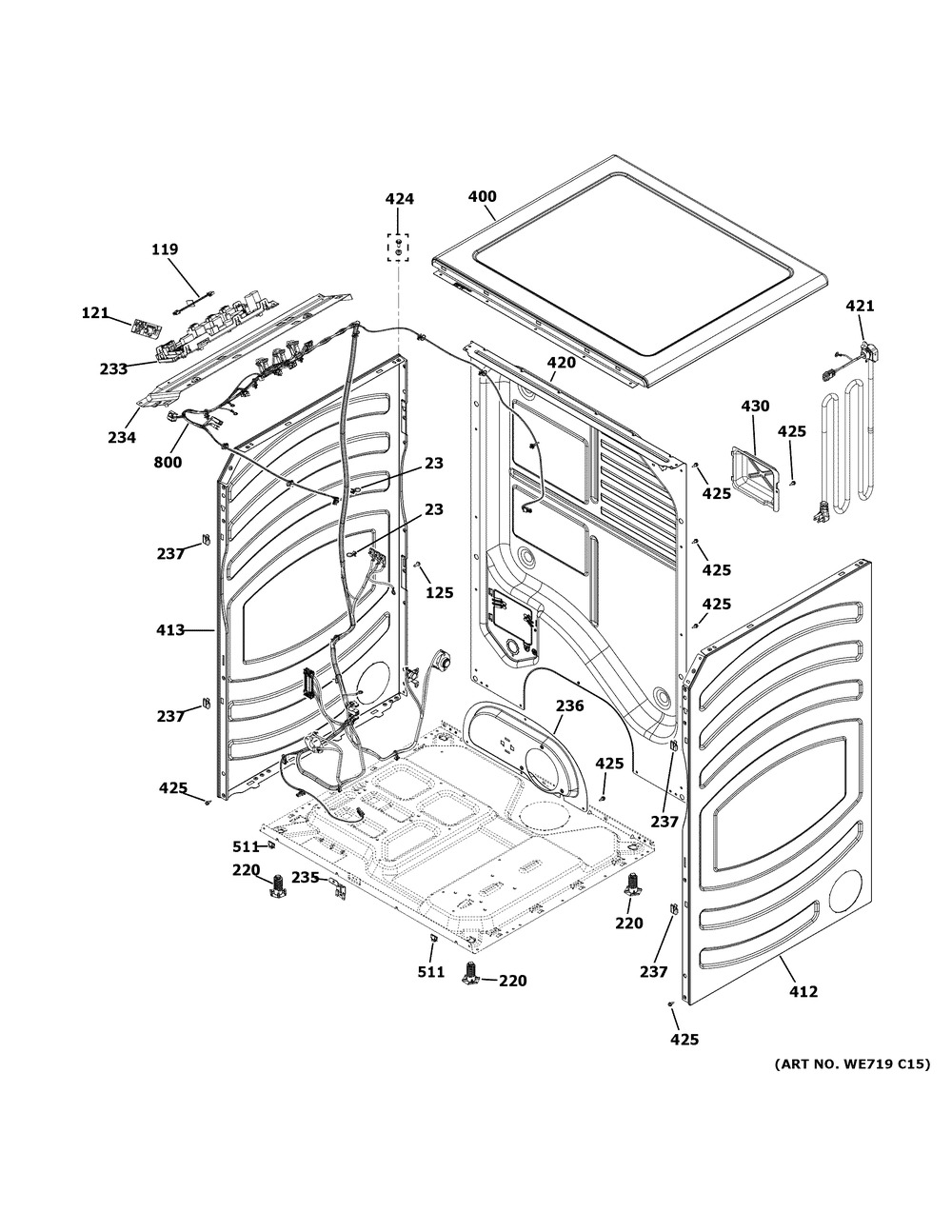 Cabinet And Top Panel Diagram and Parts List for GFD55GSPR2RS  General Electric Dryer