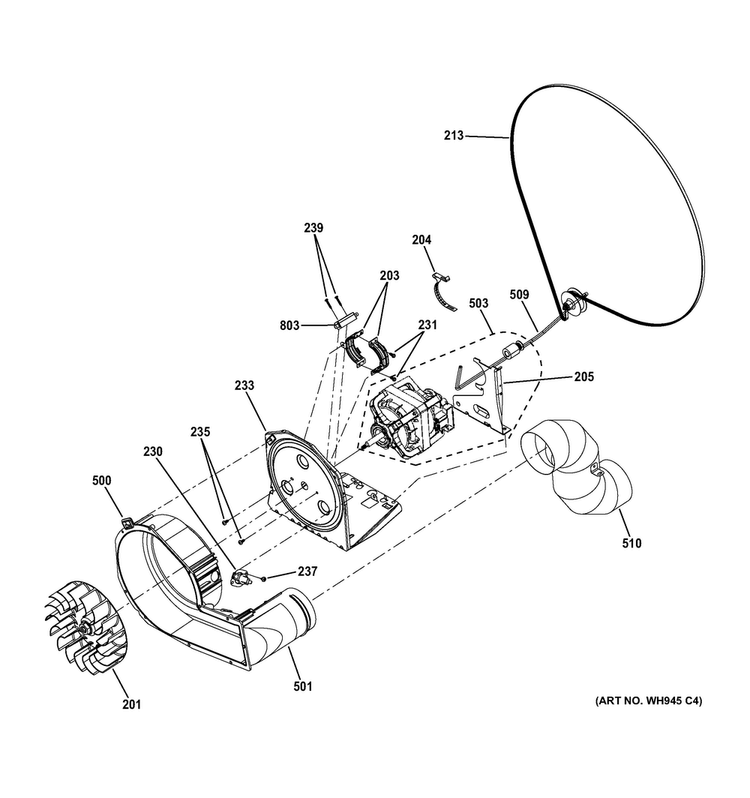 Blower & Motor Diagram and Parts List for GTUP240GM6WW  General Electric Washer Dryer Combo