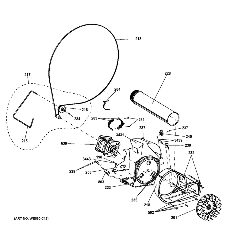 Blower & Motor Diagram and Parts List for GFDS140GD1WW  General Electric Dryer
