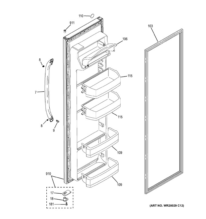 Fresh Food Door Diagram and Parts List for GSH22JGDBCC  General Electric Refrigerator