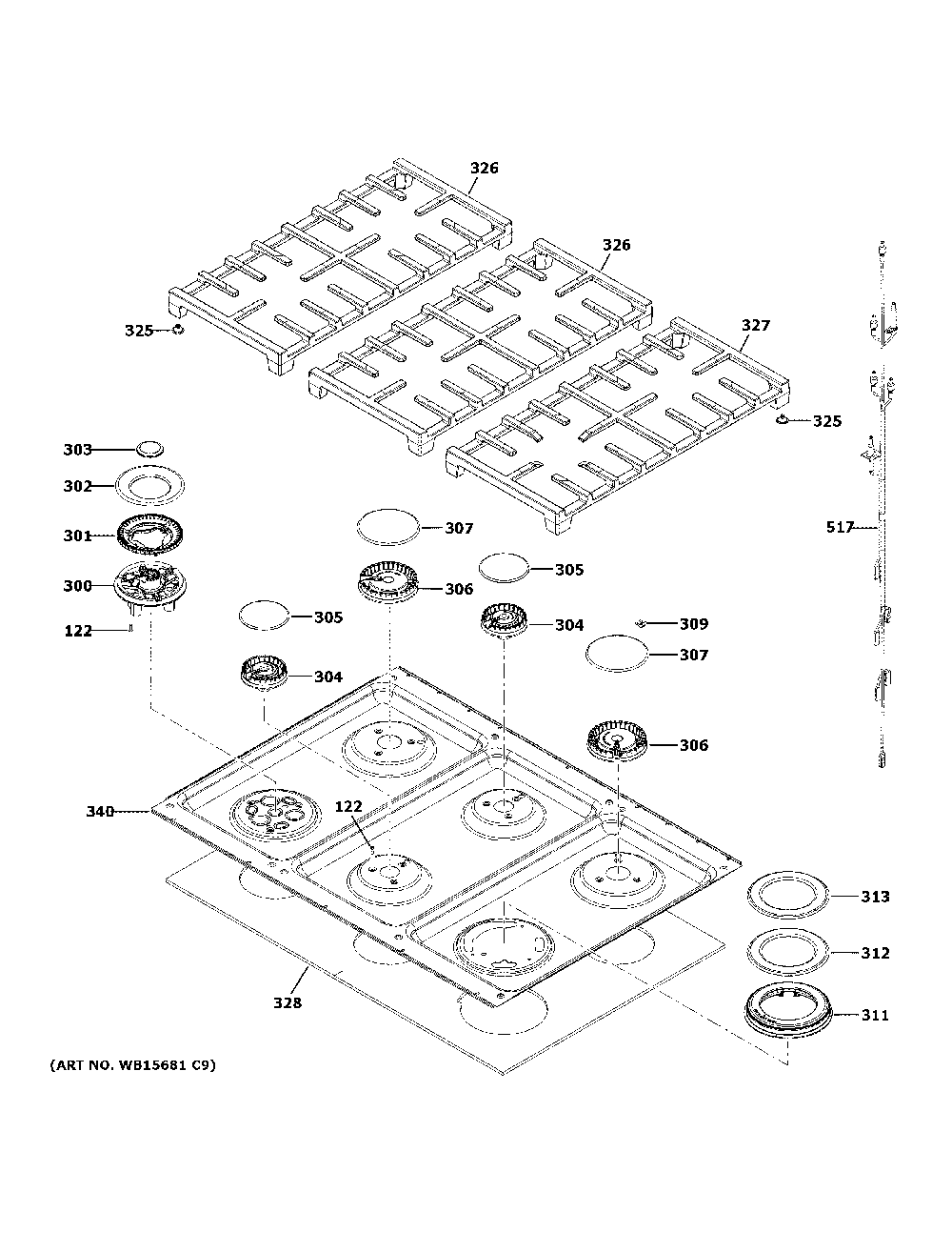 Cooktop Diagram and Parts List for C2Y486P4T1W2  General Electric Range
