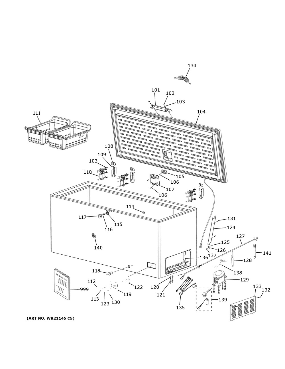 Freezer Diagram and Parts List for FCM16SLBWW  General Electric Freezer