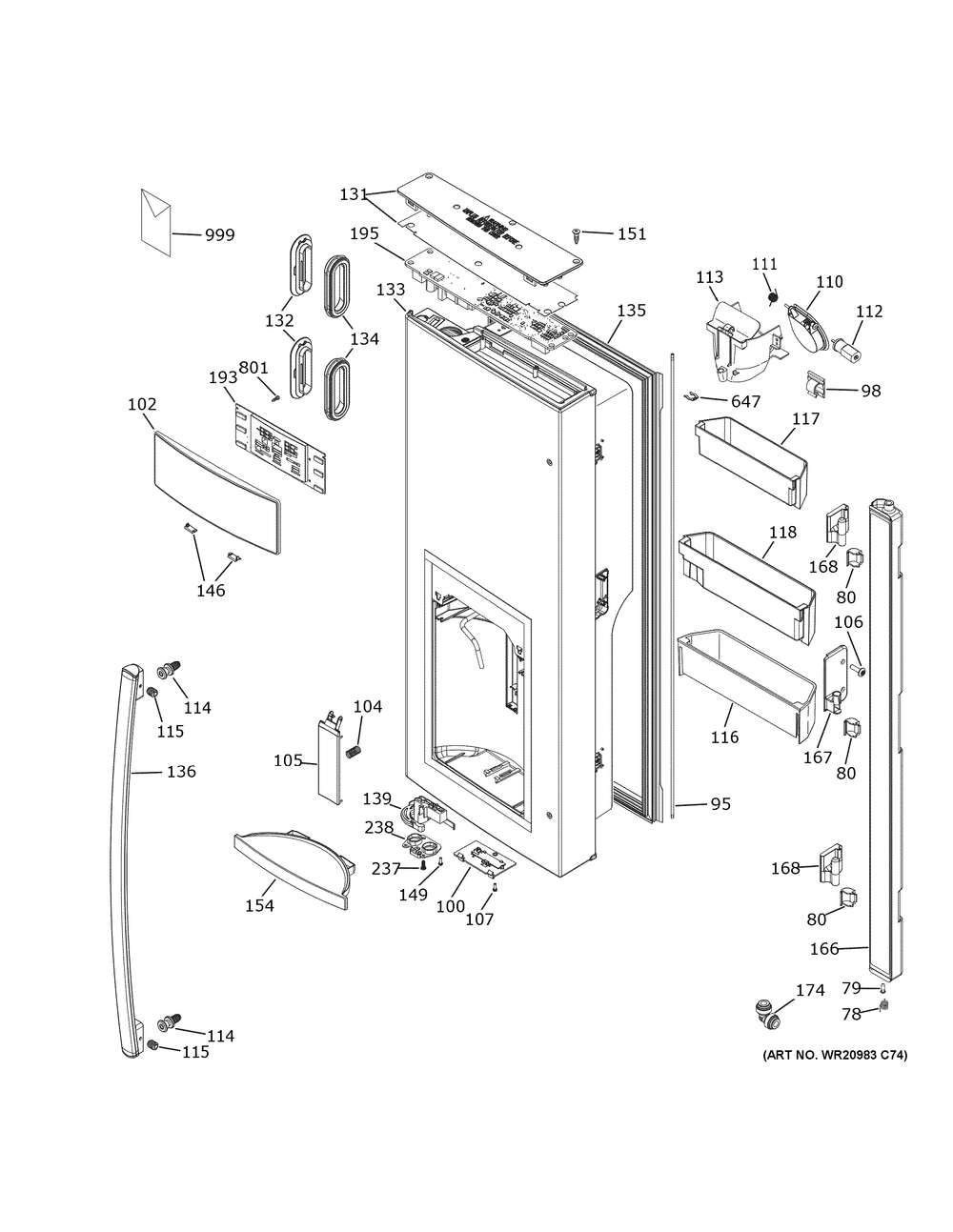 Dispenser Door Diagram and Parts List for PFE28KYNKFS  General Electric Refrigerator