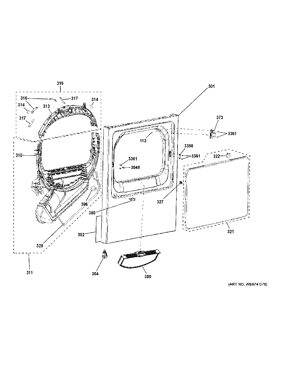 Front Panel And Door Diagram and Parts List for VTD52GASR0WB  General Electric Dryer