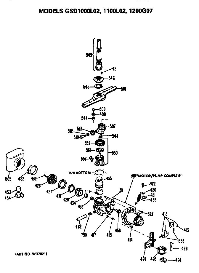 Motor/pump Diagram and Parts List for GSD1000L02  General Electric Dishwasher