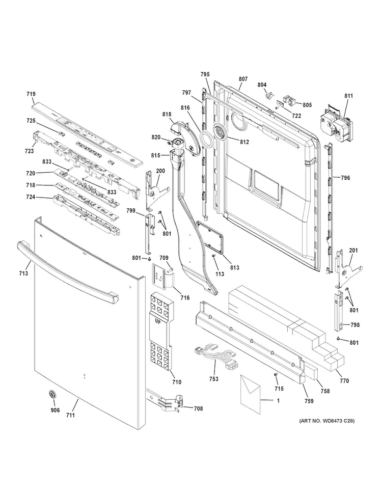 Escutcheon & Door Assembly Diagram and Parts List for GDT680SGH2BB  General Electric Dishwasher