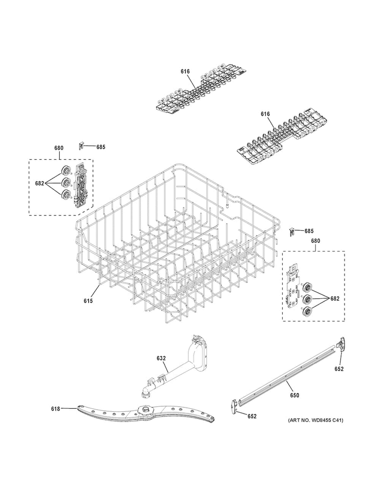 Upper Rack Assembly Diagram and Parts List for GDT530PSD4SS  General Electric Dishwasher