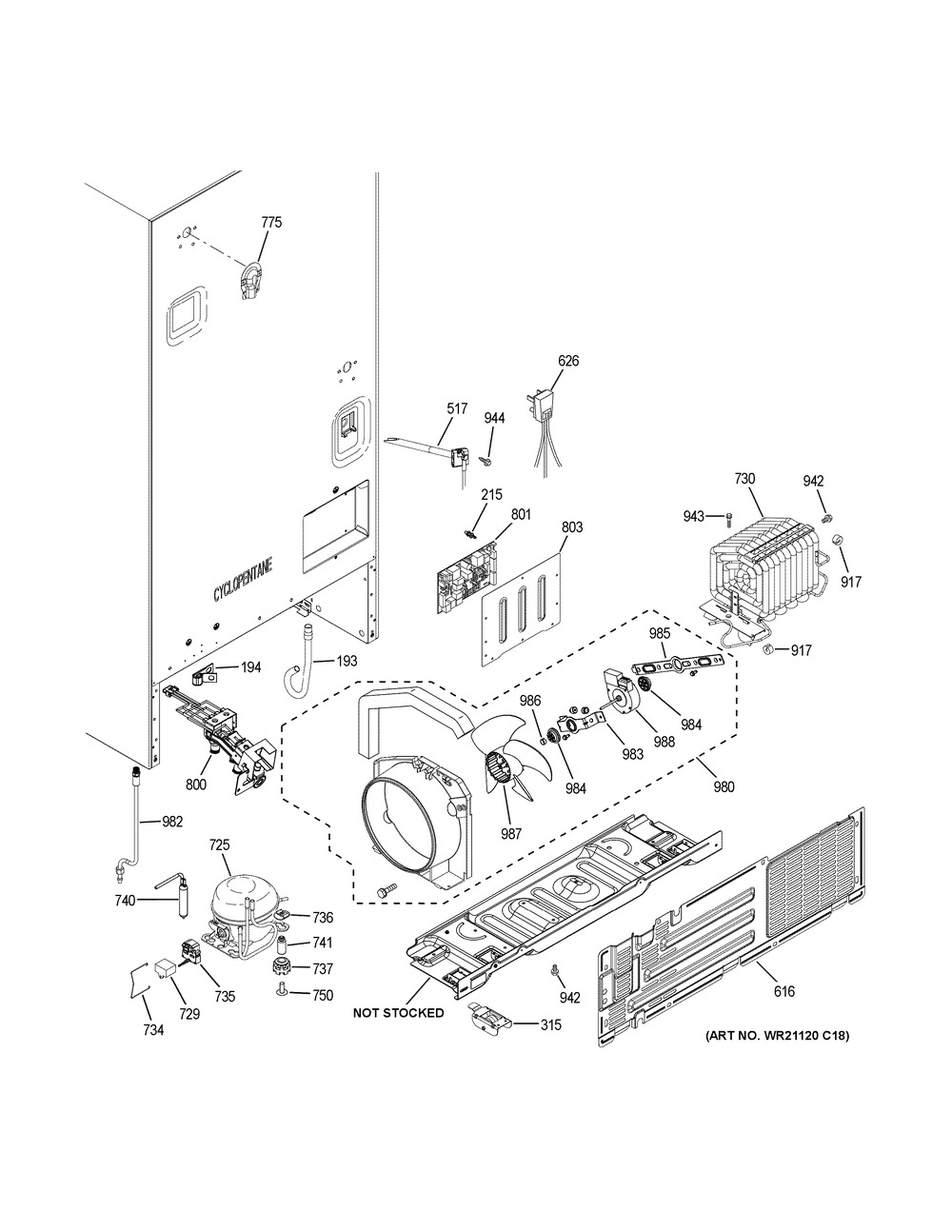 Machine Compartment Diagram and Parts List for GNE25JGKGFBB  General Electric Refrigerator