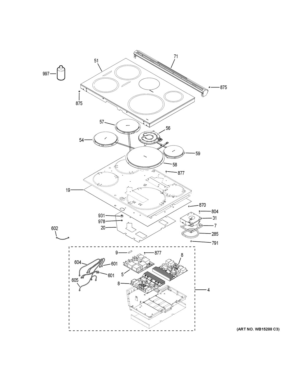 Cooktop Diagram and Parts List for PHS930BL2TS  General Electric Range