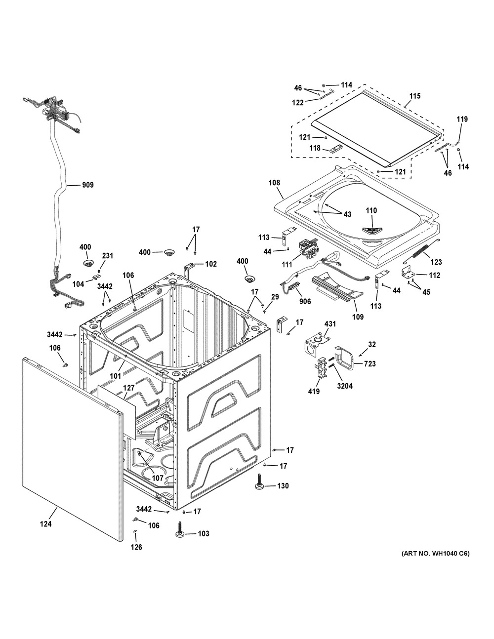 Washer Cabinet And Lid Diagram and Parts List for GUD27EEPV0DG  General Electric Washer Dryer Combo