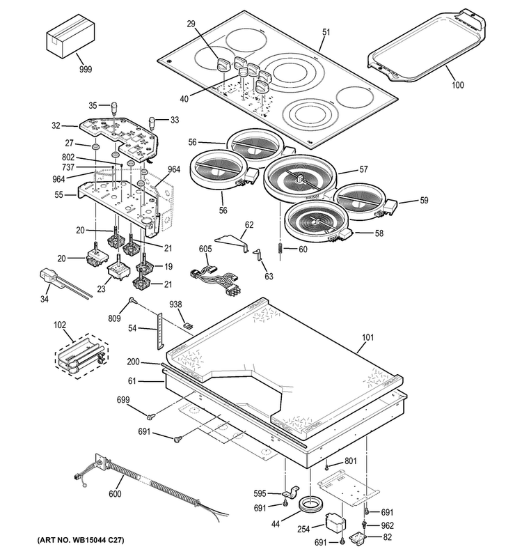 Control Panel & Cooktop Diagram and Parts List for CP9536SJ1SS  General Electric Cooktop