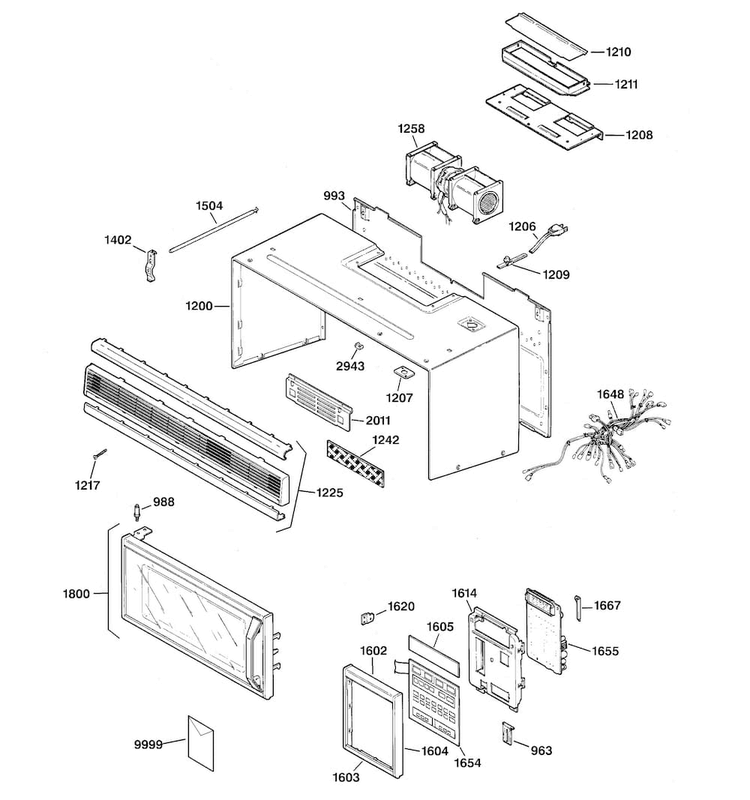 Control Panel, Door & Case Diagram and Parts List for JVM1190SY001  General Electric Microwave